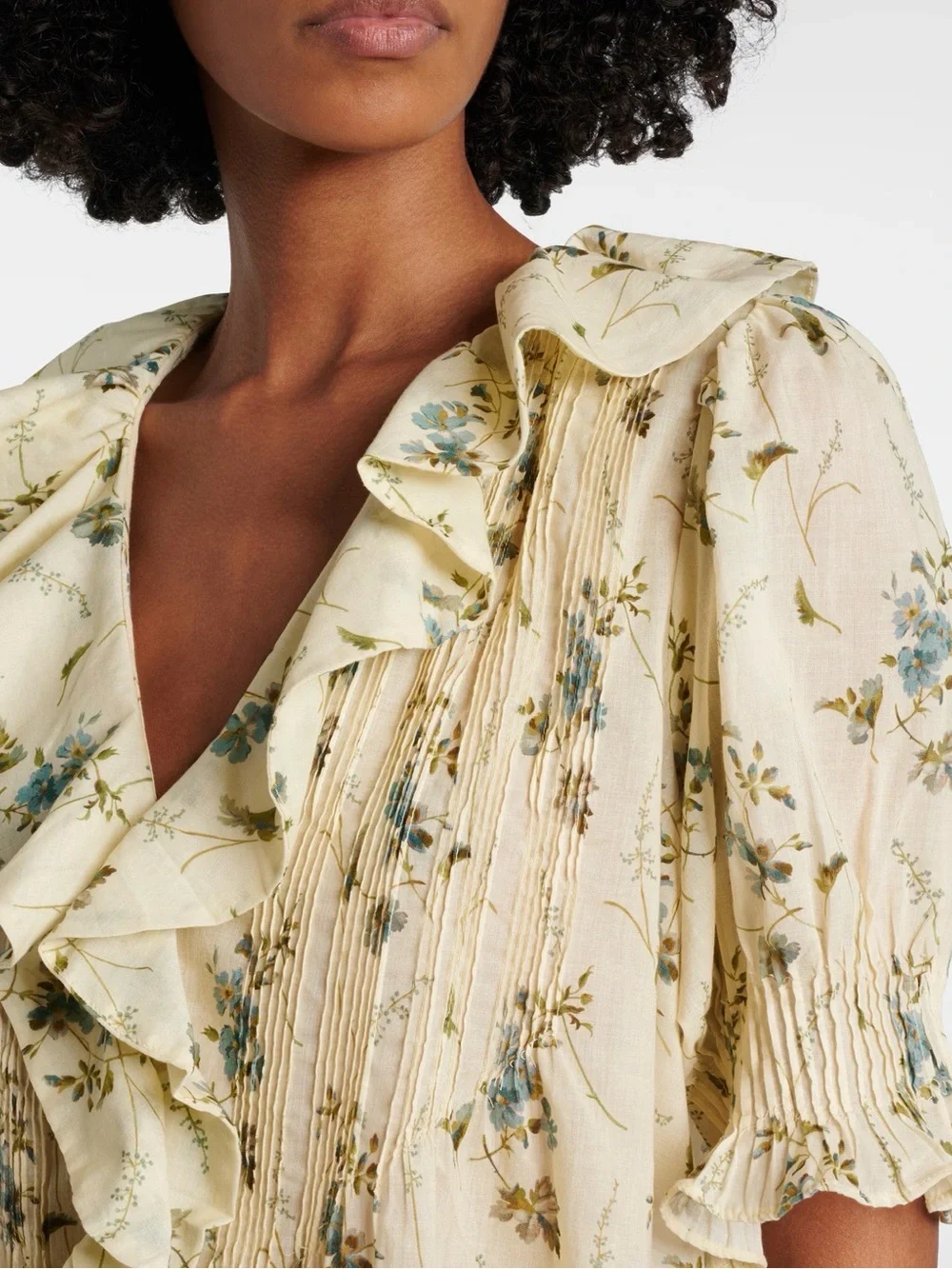 Doen Cream Floral Ruffle Blouse with Blue & Green Accents